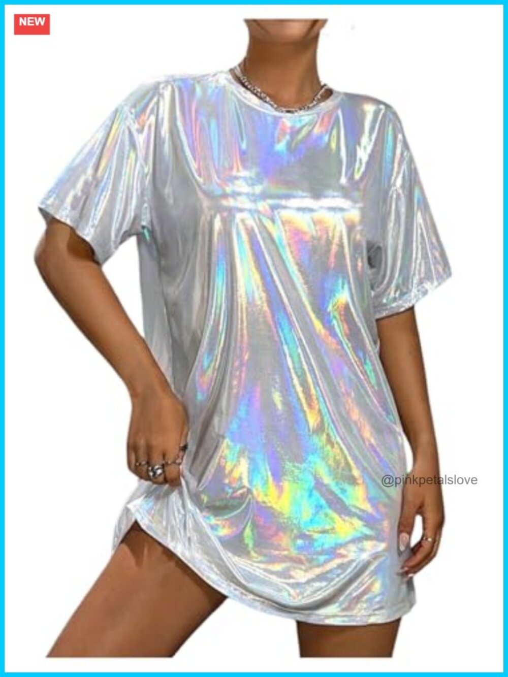 SHENHE Oversized Holographic Shiny Metallic Disco Tshirt Dress